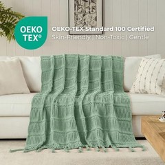 Boho Knitted Chenille Blanket with Tassels – Lightweight & Throw Sage Green