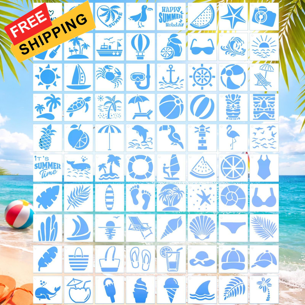80 Pcs 3 Inch Summer Stencils for Painting, Reusable Beach 3 inches, White