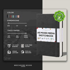 Beechmore Books 300 GSM Heavyweight Mixed Media Sketchbook A5 5.8″ X 8.3″ Vegan
