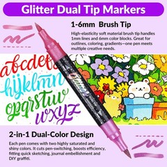 Glitter Effect Brush Markers Pens,24 Colors Dual Tip Glitter Pens Set 12 Pack…