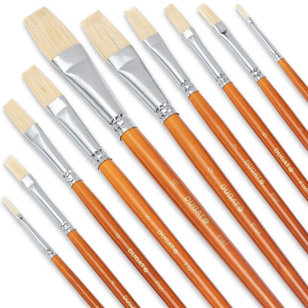10pc Flat Hog Bristle Paint Brush Set – Short Handle Artist Brushes for Acryl…