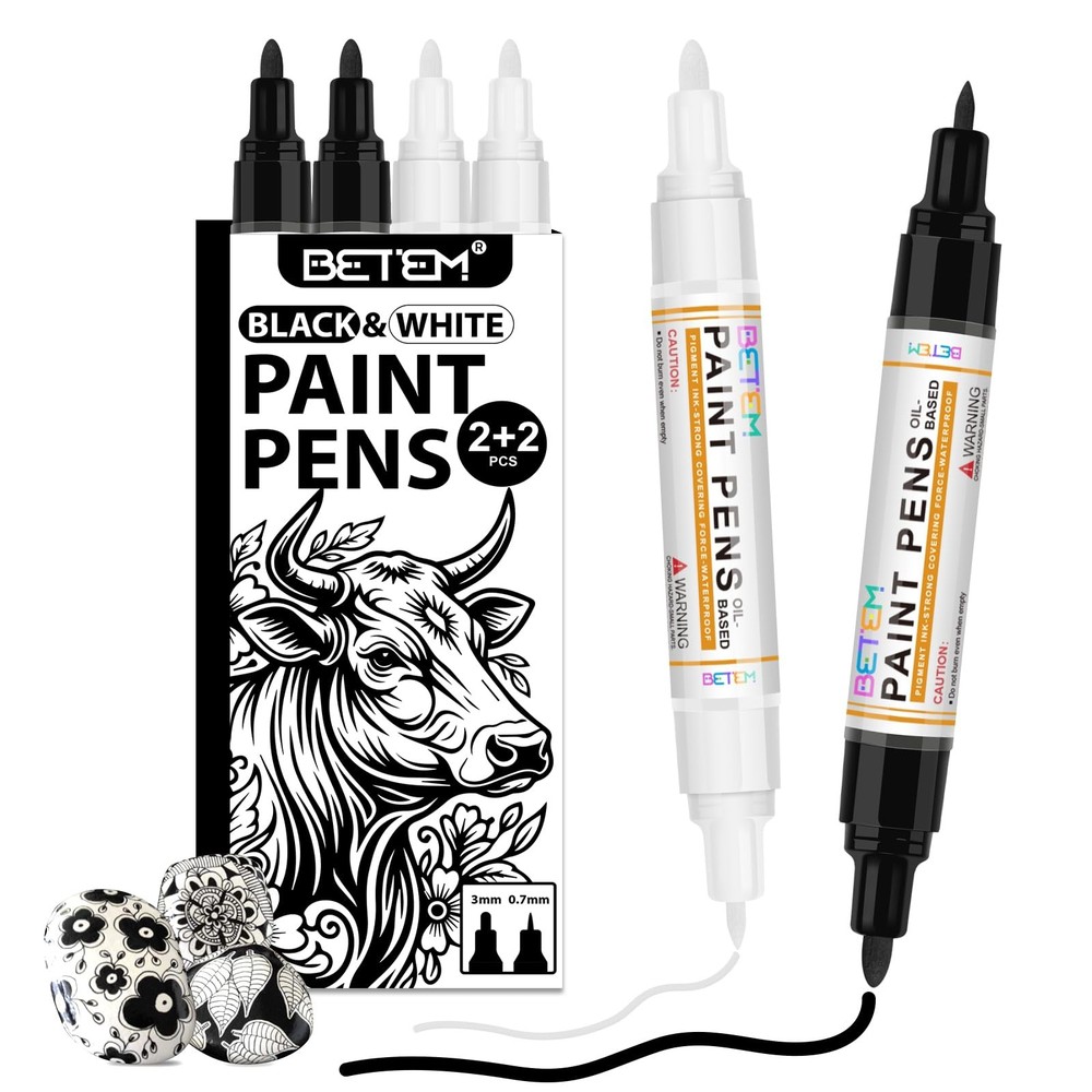 Betem 4 Oil Paint Pens Dual Tip, Black/White 0.7/3mm, Quick Dry, Multi-Surface