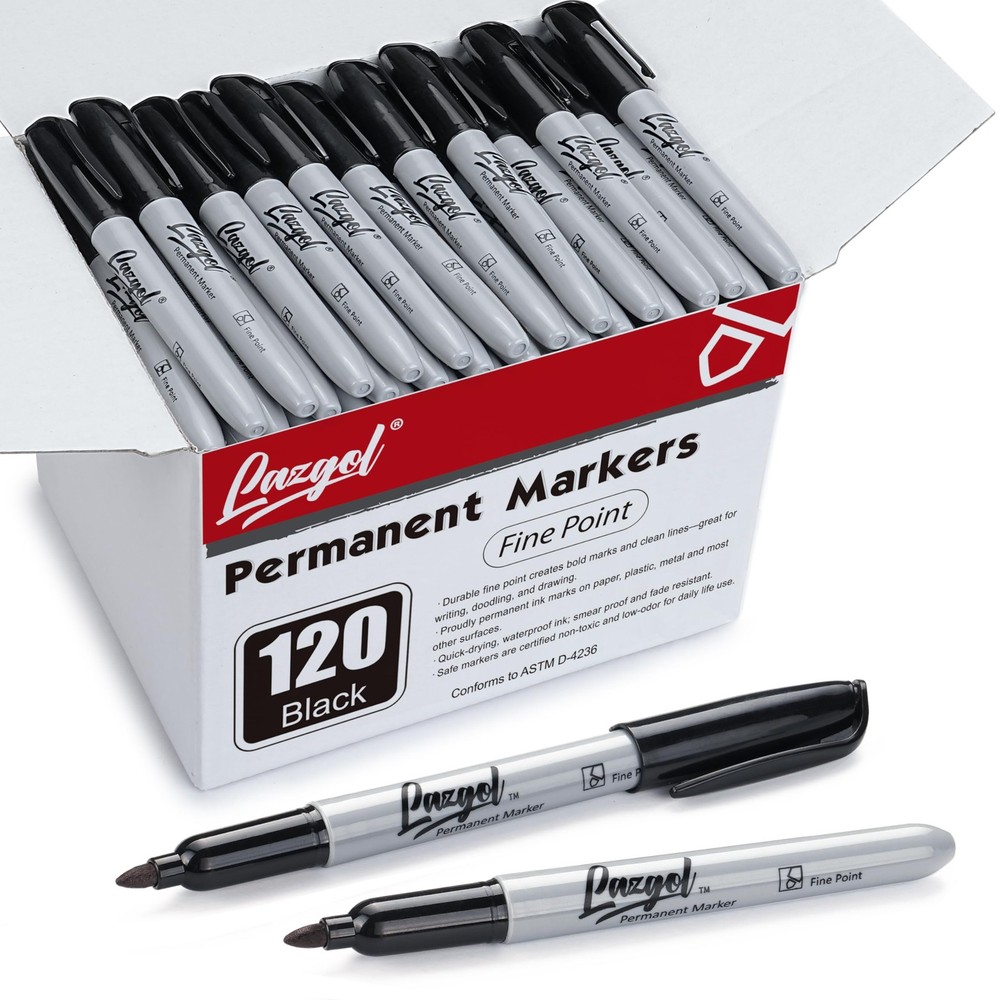 LAZGOL Permanent Markers Bulk, 120 Pack Fine Tip 1 Count (Pack of 120), Black