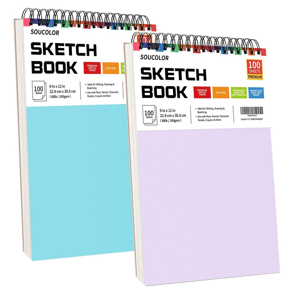 Soucolor 9×12 Sketch Book 2-Pack, 100 9″ x 12″ (Pack of 2), Blue&Purple