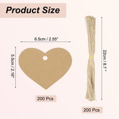 200Pcs Kraft Paper Gift Tags String 2.2 x 2.6 Inch Heart Shape Leather Color