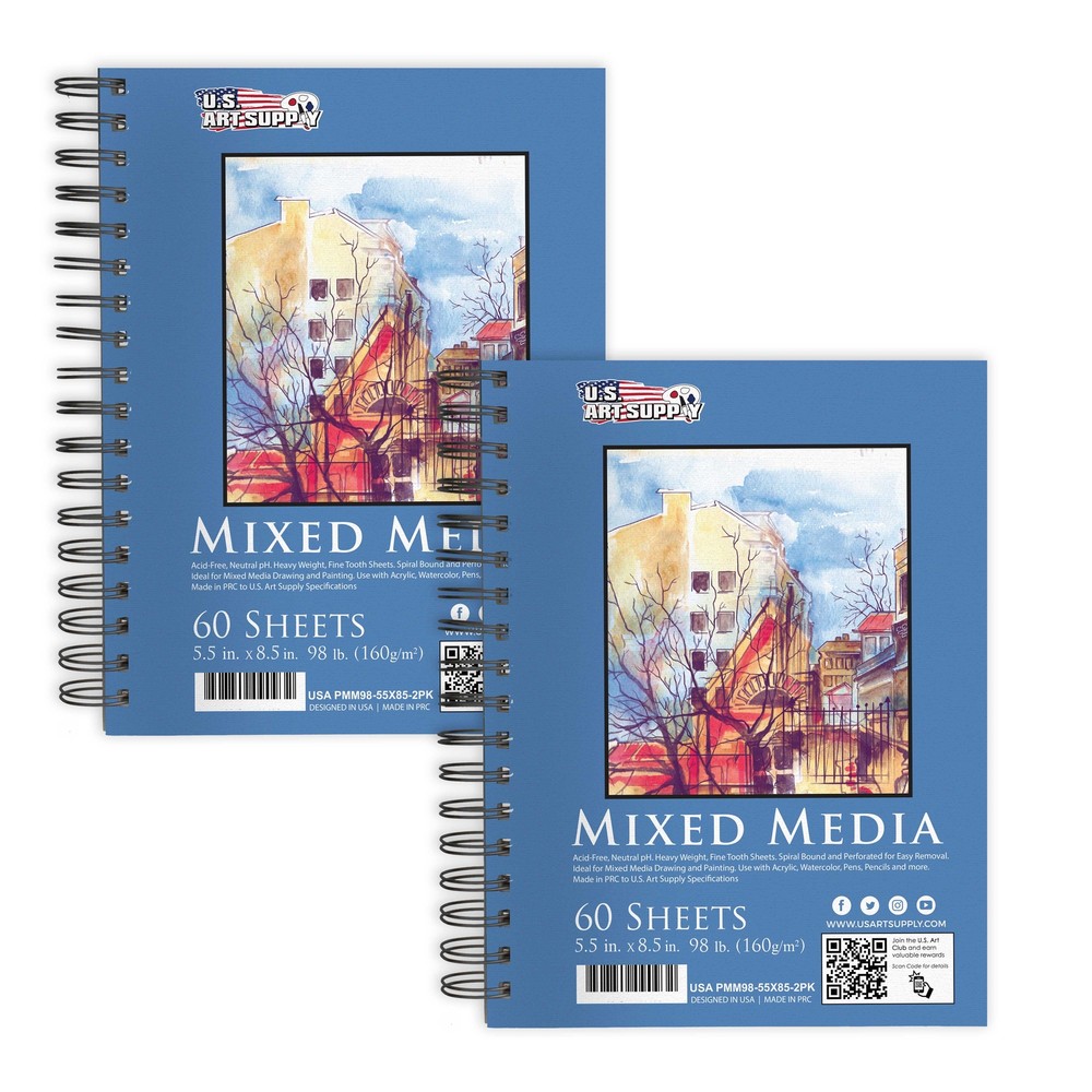 5.5″ x 8.5″ Mixed Media Paper Pad Sketchbook, 2 Pack 60 Sheets 98lb Spiral-Bound