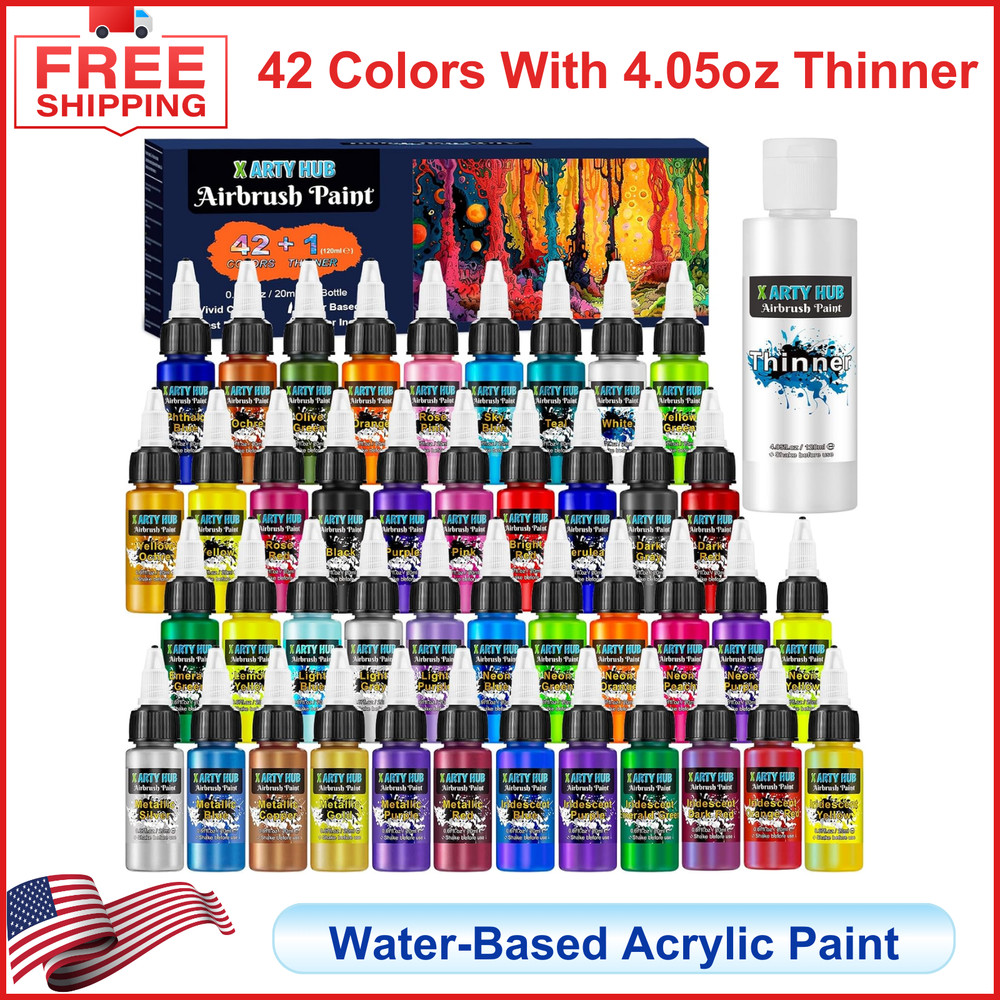 Airbrush Paint – 42 Colors with 4.05 Fl Oz Thinner, Iridescent, Neon & Metallic