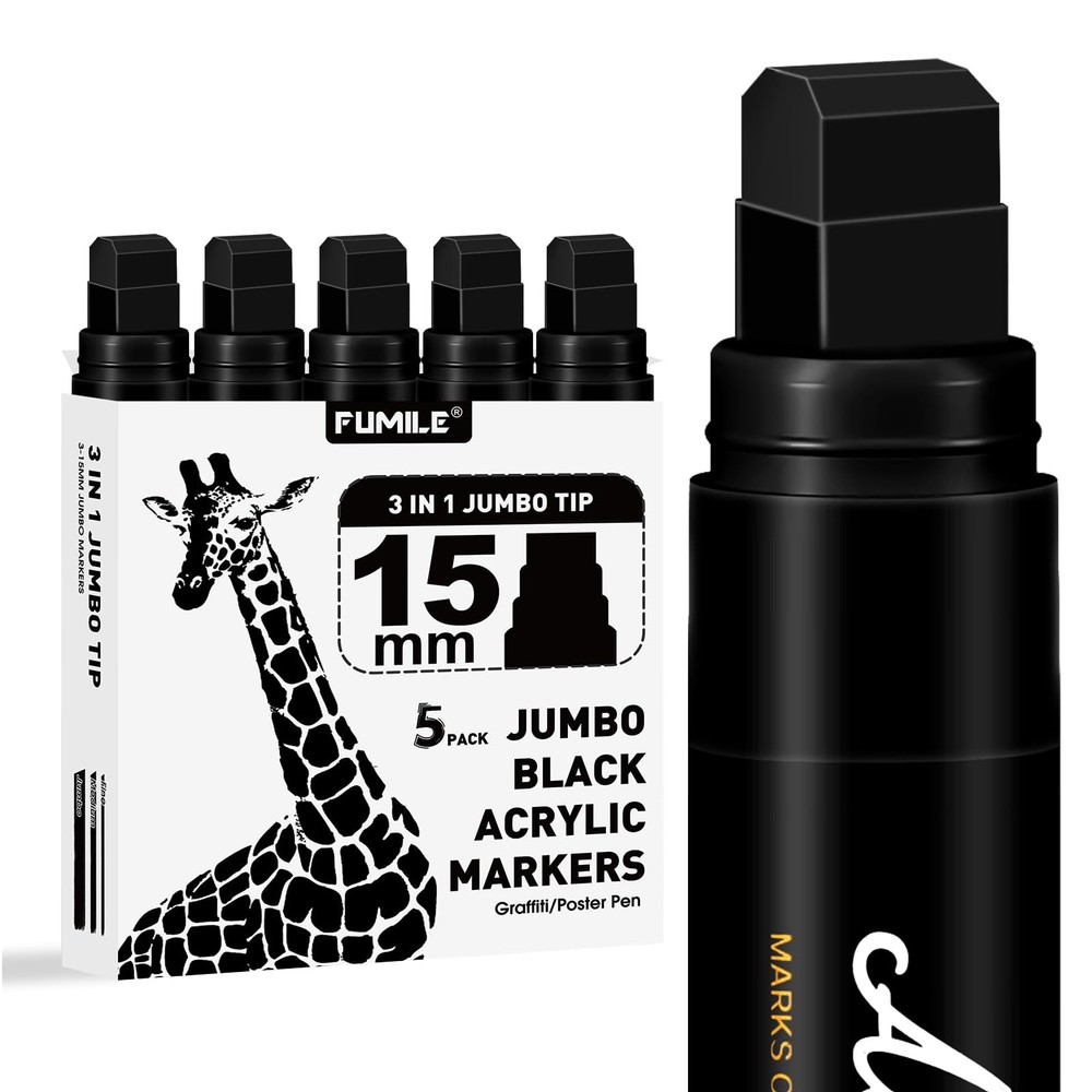 5 Pcs Black Jumbo Poster Marker,15mm Wide Tip Thick Acrylic Paint Pen Paint M…