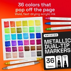 36 Metallic Dual-Tip Acrylic Paint Markers Set – Fine & Dot Tips for Fabric, Roc
