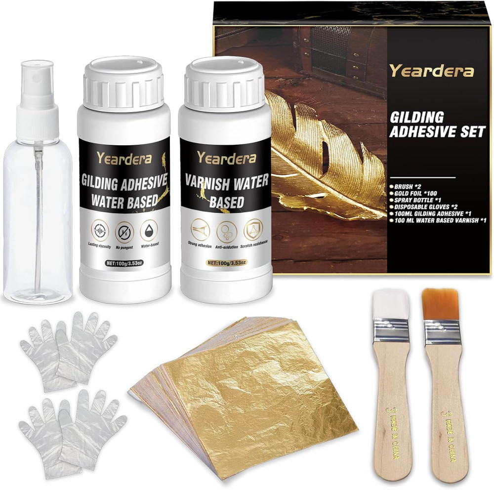 Yeardera Gold Leaf Kit, 100Ml Gilding Adhesive and Varnish with 100 Gold Leaf Sh