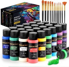 Acrylic Paint Set, 24 Colors (2 oz/Bottle) with 12 Art Brushes, Art Supplies