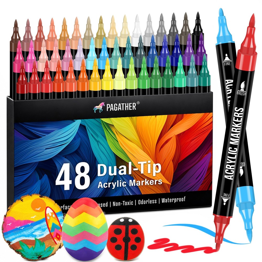 Pagather 48 Colors Acrylic Paint Markers, Dual Tip with Fine Tip and Brush Ti…