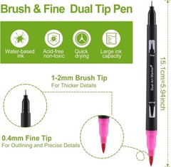 60 Colors Brush & Fine Dual Tip Watercolor Markers for Adult Coloring Books N…