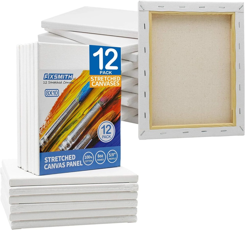 FIXSMITH Stretched Canvas for Painting- 8×10 Inch,Bulk Pack of 12,Primed,100% Co