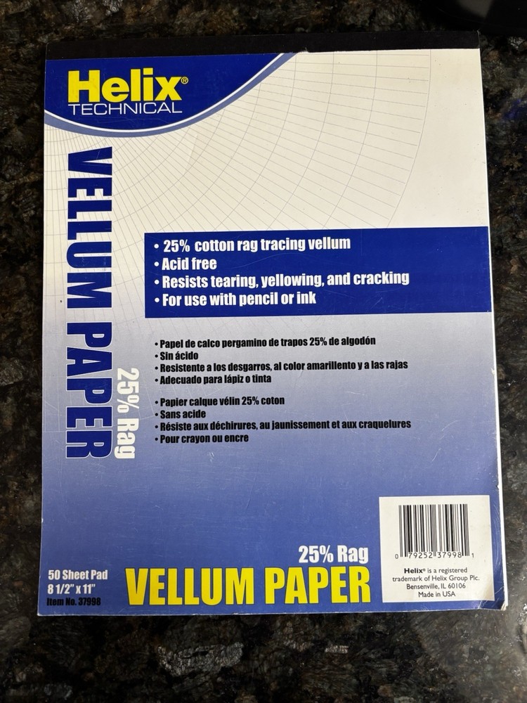 Helix Technical Vellum Paper Pad 8.5×11 25% Rag 40 Sheets Drafting Tracing
