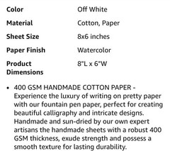 Handmade Cotton Watercolor Paper 40 Sheets 8”L X 6”W, Off-white