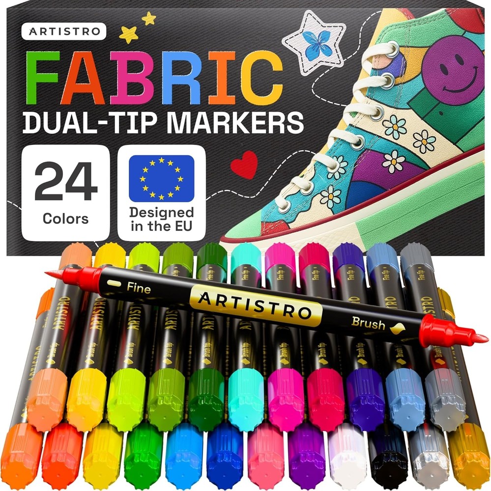 Permanent Fabric Markers 24 Pack, Dual-Tip for Textiles and Canvas