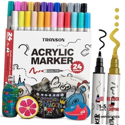 24 Color Bold and Fine Dual-tip Acrylic Paint Pen Set for Canvas 24 Colors
