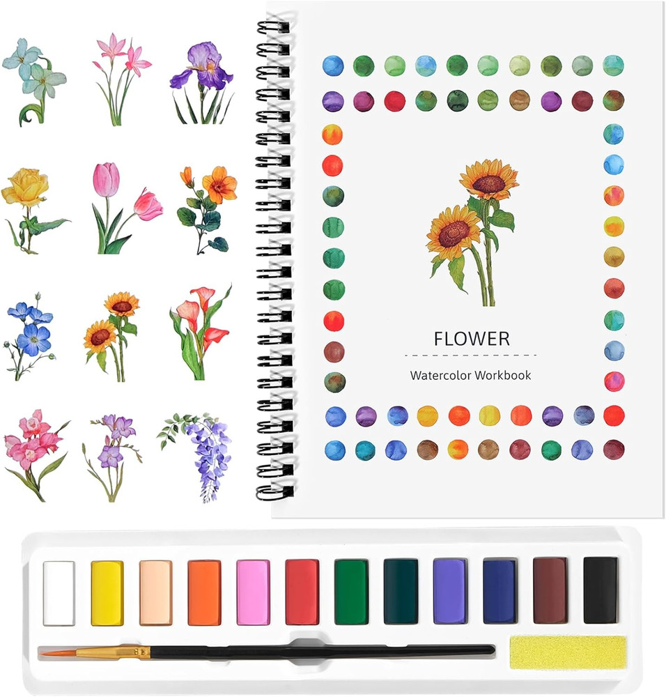 Watercolor Workbook for Beginners, Water Color Paint Book Set with Paints & Brus