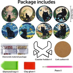 8 Pcs Black Cat Diamond Art Coasters Kits with Holder, Coasters-bdwy340