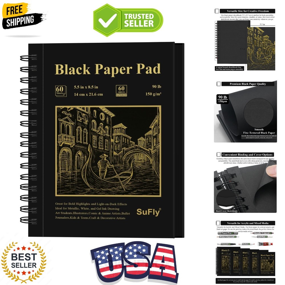 Black Paper Sketchbook 5.5 x 8.5, 60 Sheets 90lb/150gsm Artist Papers for Dra…
