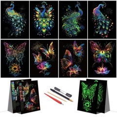 DESINIK Rainbow Scratch Painting Art for 12.4 x 8.4 inches, Butterfly&Peacock