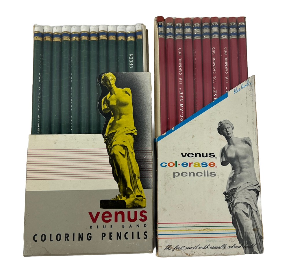 NEW Vtg Venus Blue Band Col Erase Colored Pencils 116 Carmine Red + 200 Green