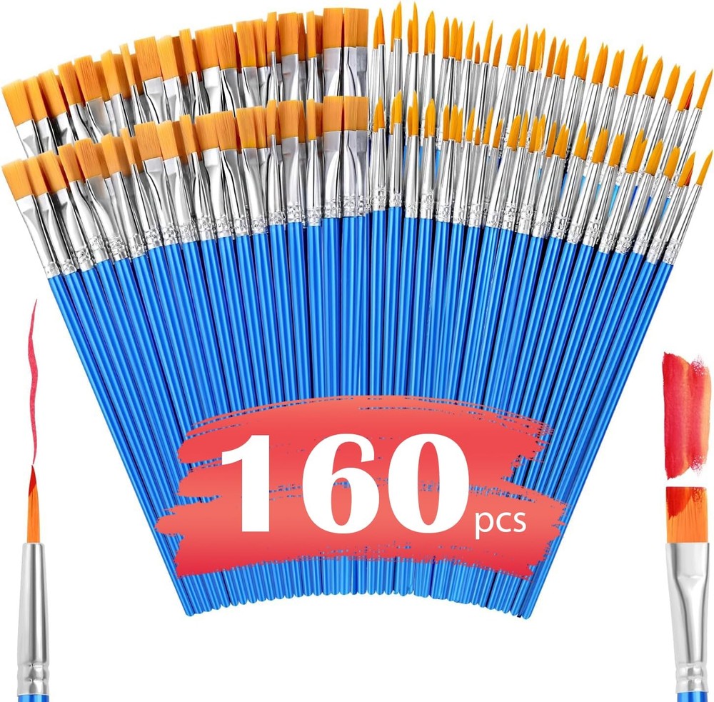 Small Paint Brushes Bulk 160 Pcs Nylon Hair Flat and Round Pointed Acrylic
