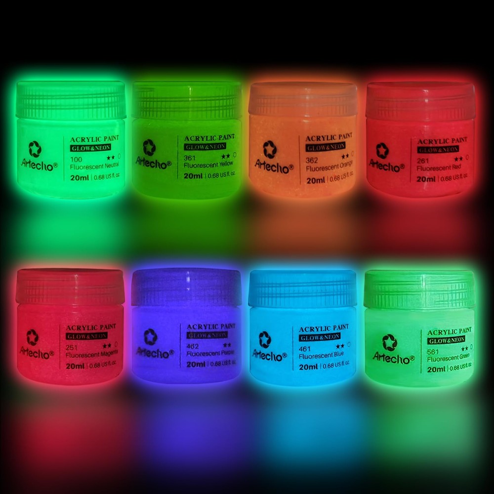 Artecho Glow in the Dark Paint 8 0.7 Fl Oz (Pack of 1), Glow&Neon-8 colors