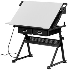 Adjustable Height Drafting Drawing Table Tiltable Tabletop Edge Stopper White