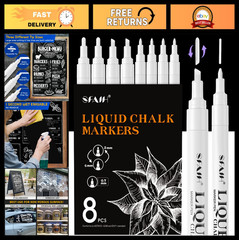 White Liquid Chalk Markers 8 Pack – Reversible 2mm/4mm & Fine Tip 0.7mm – No Res