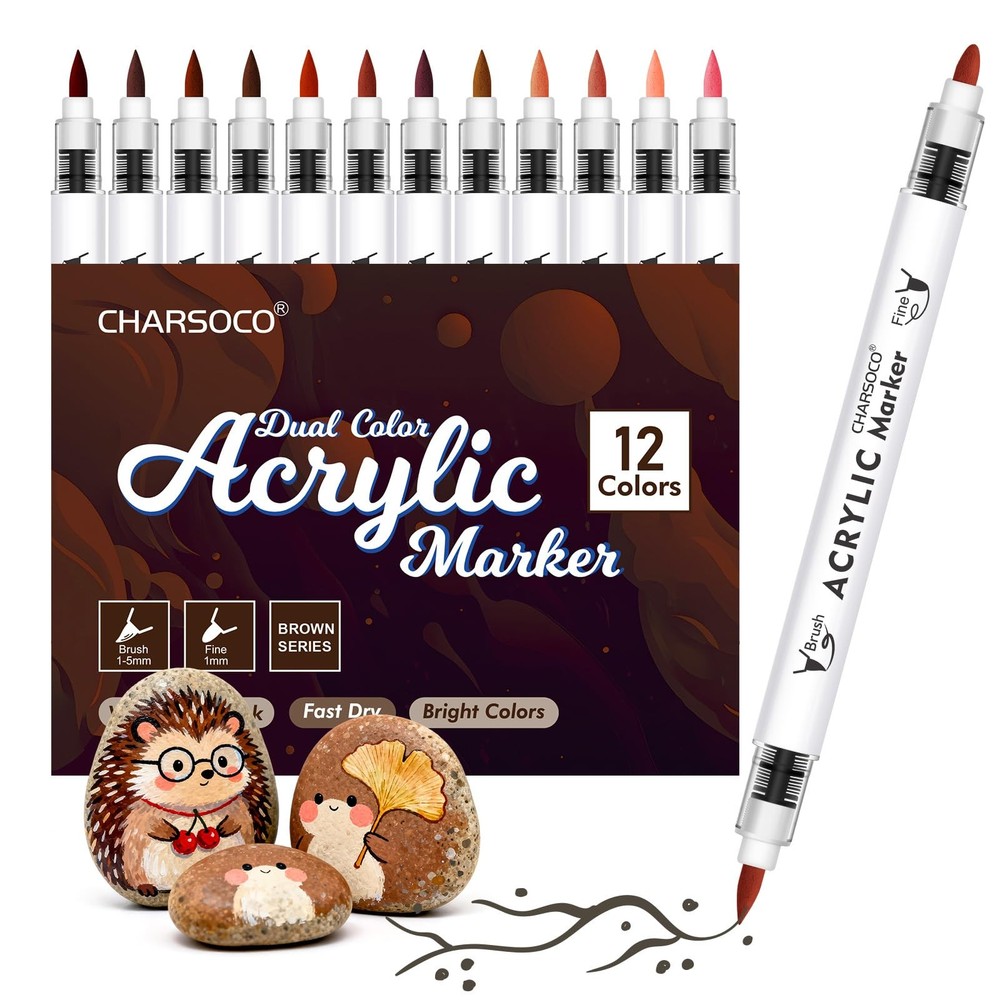 Brown Tones Acrylic Paint Pens, 12 Colors Markers Set with Soft Brush & Bulle…