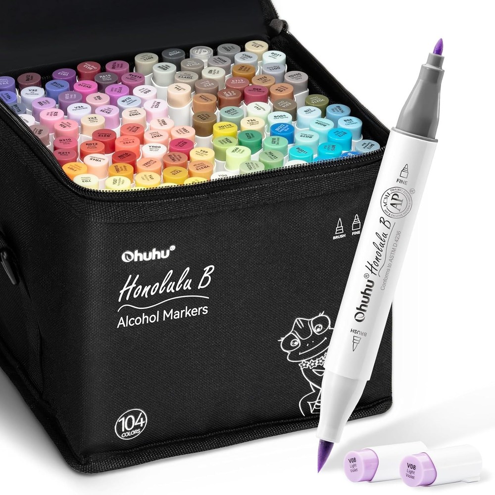 Ohuhu Honolulu B 104 Colour Alcohol Marker Set – Brush & Fine Dual Tip