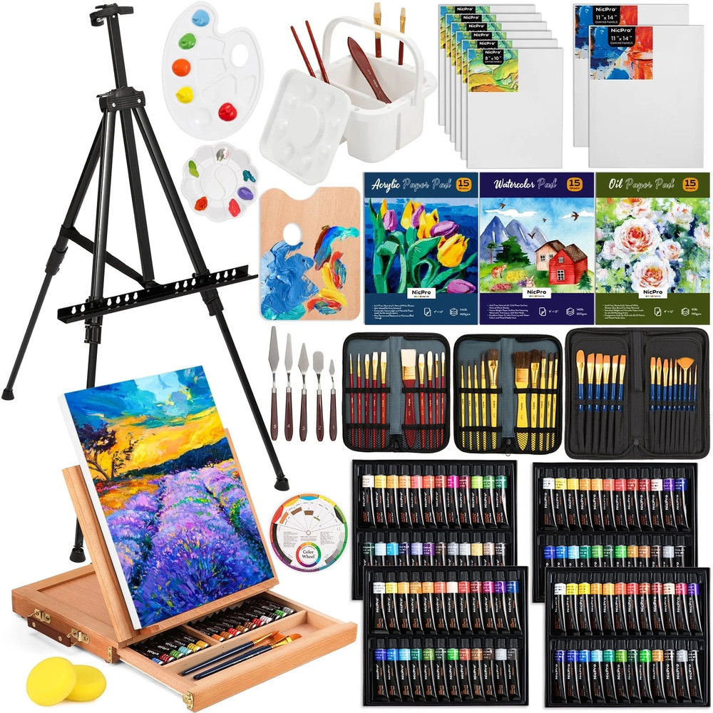 158PCS Deluxe Large Painting Kit with Metal and Solid Beech Wood Easel, Acrylic,