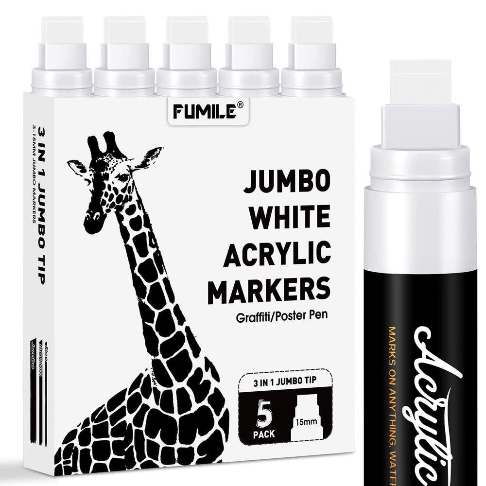 5 Pcs White Jumbo Poster Marker,15mm Wide Tip Thick Acrylic Paint Pen Paint M…