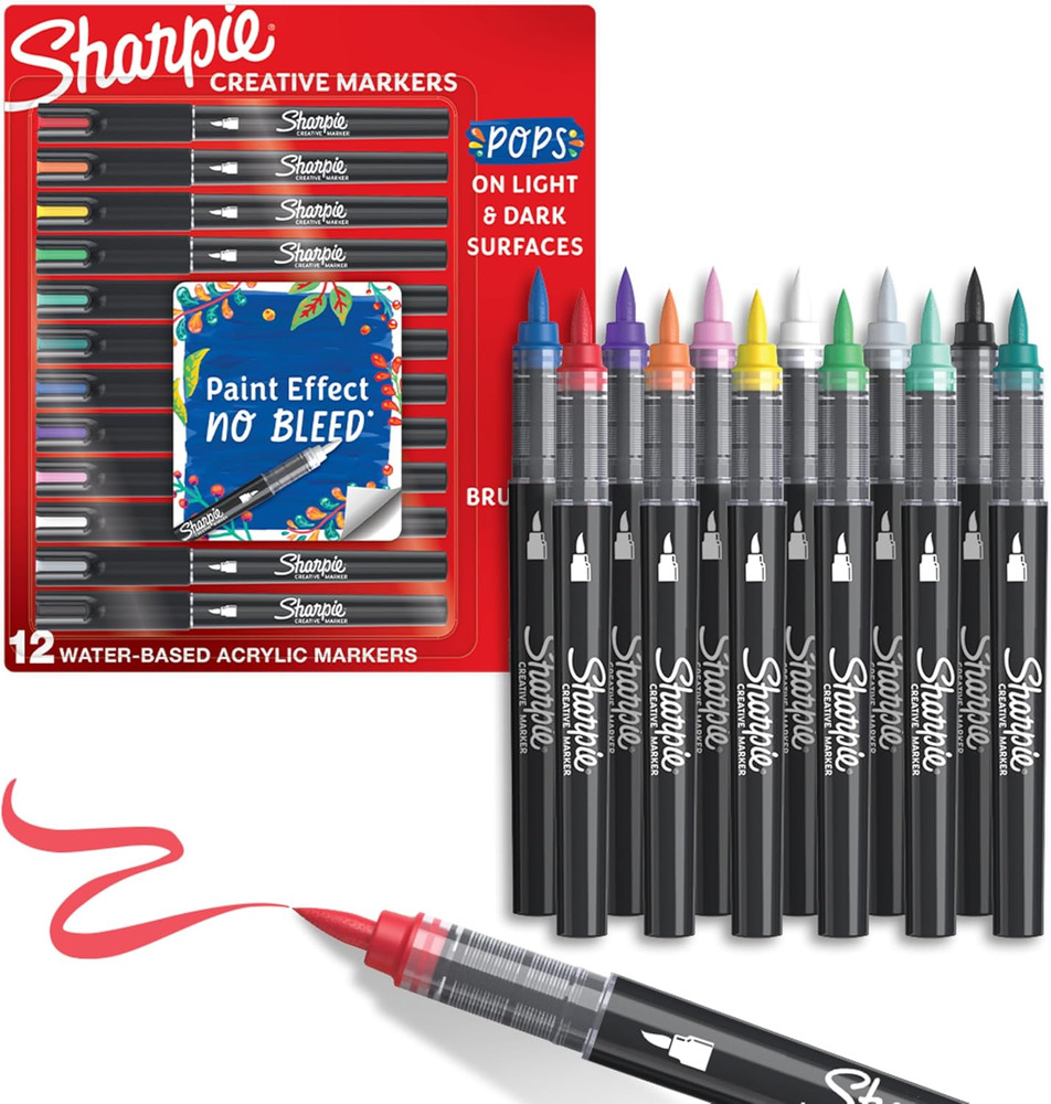 Sharpie Creative Markers, Water-Based Acrylic, Brush Tip, Assorted Colors, 12 Co