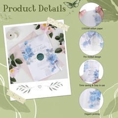 Pre-Folded Vellum Jackets 5×7 Invitations 115GSM Translucent Blue Floral 50 PCS