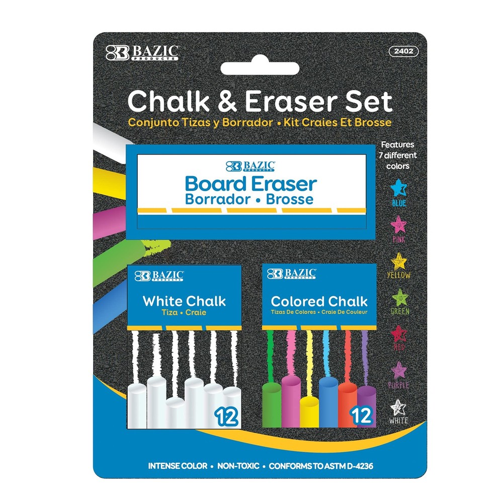 BAZIC Colored (12 Pcs) + White 1 Count (Pack of 1), Chalk/Eraser Set