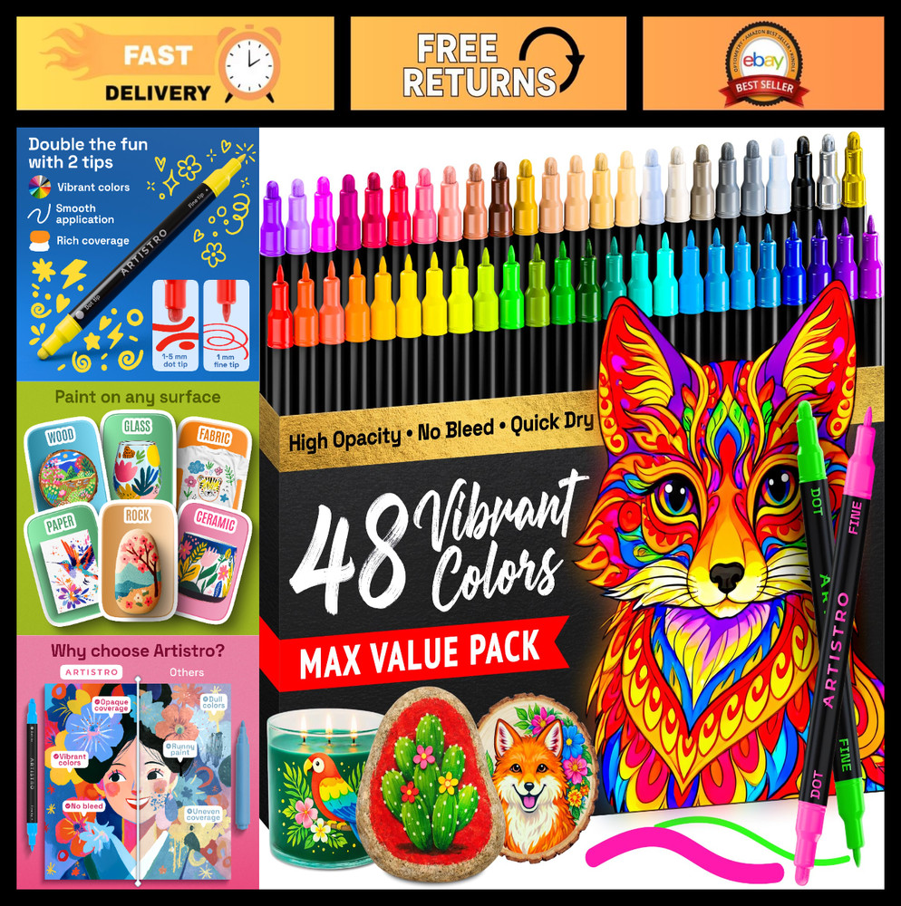 48 Dual-Tip Acrylic Paint Markers Set – Fine & Dot Tips for Fabric, Rock, Glass,