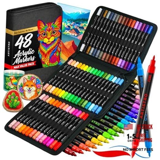 Acrylic Paint Pens With Storage Bag 48 Count (Pack of 1) Dual Tip Brush + Fine