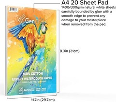 GenCrafts 100% Cotton Watercolor Paper Pad – A4 8.3×11.7″ – 20 Natural White
