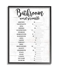 Bathroom Scramble White Word Wall Art, 11 x 14, 14L” x 11W” Black Framed