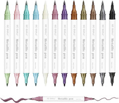 12 Colors Metallic Marker Pens – Dual Tip Brush and Fine Point Pens for DIY Albu