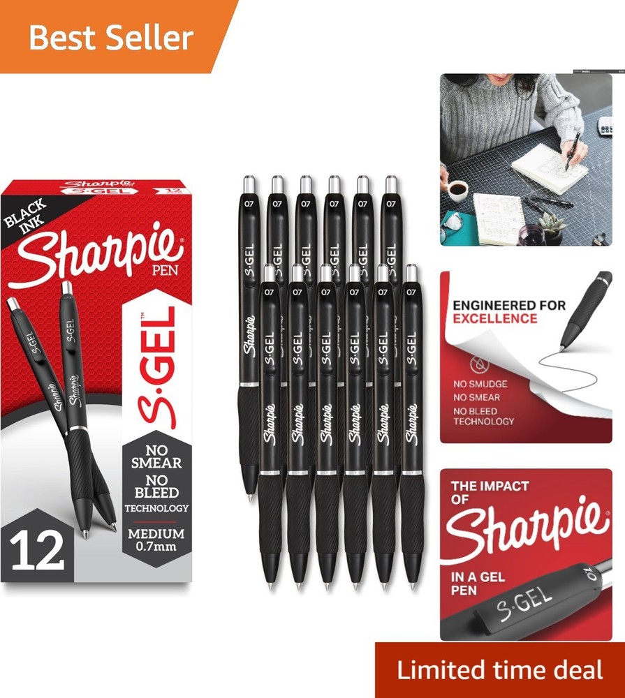 Smooth Writing S-Gel Pens – 12 Black Gel Ink Pens with Comfortable Grip, 0.7mm