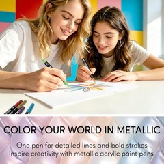 24 Metallic Acrylic Paint Markers – Paint Pens for Drawing, Brush + Fine Tips –