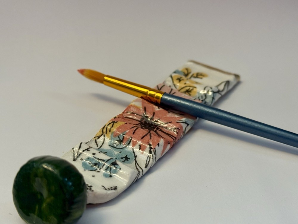 Handmade Floral Clay Paintbrush Rest w/ Green End Cap Hand painted decorative
