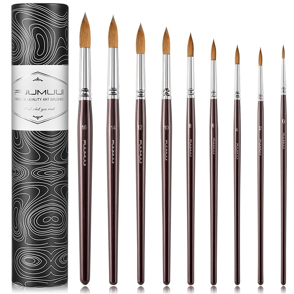 Sable Watercolor Brushes 9pcs #0,#2,#4,#6,#8,#10,#12,#14,#16, Brown-9pcs