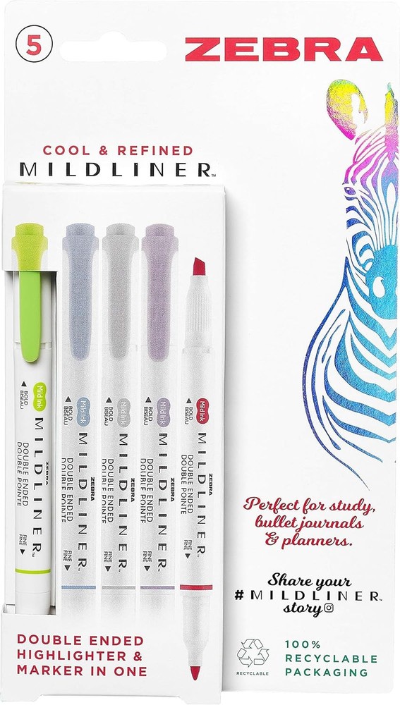 Zebra Pen Mildliner Double Ended Highlighter, Broad and Fine Point Tips, Assorte