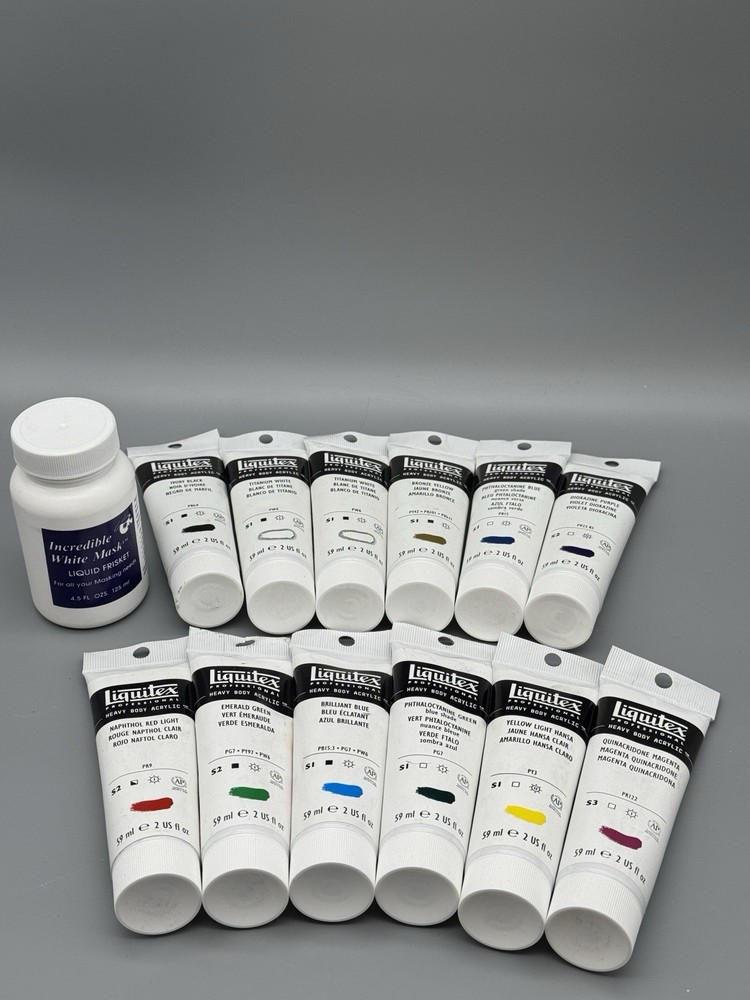 Liquitex Acrylic Heavy Body Paint 2 Oz Tubes Classic 12 Set Plus Liquid Frisket