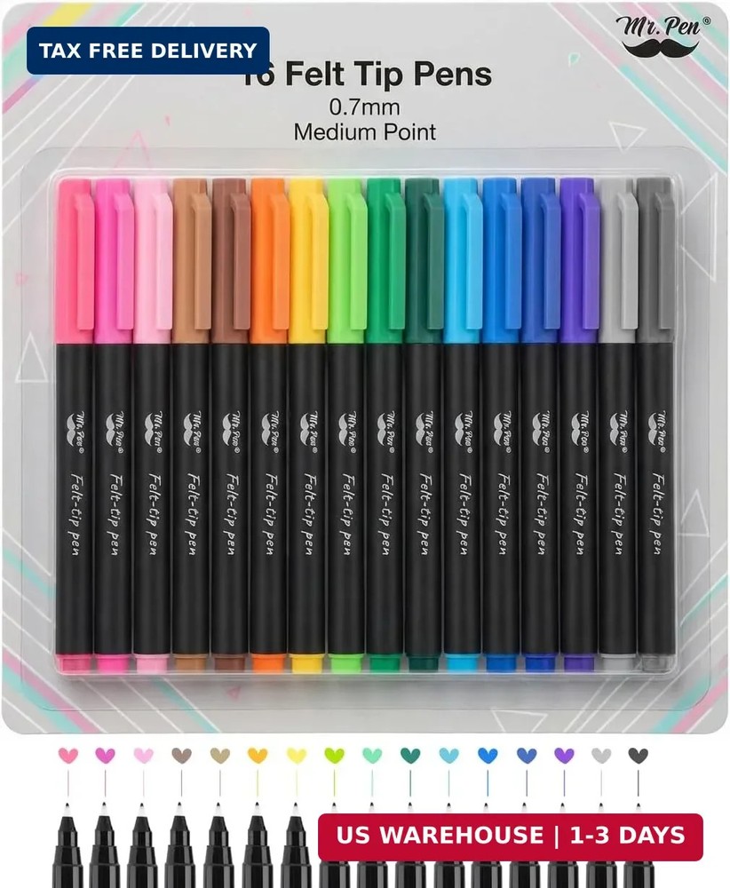 Mr. Pen- Felt Tip Pens, 16 Pack, 0.7mm, Assorted Colors, Fast Dry | Fine Felt Ti